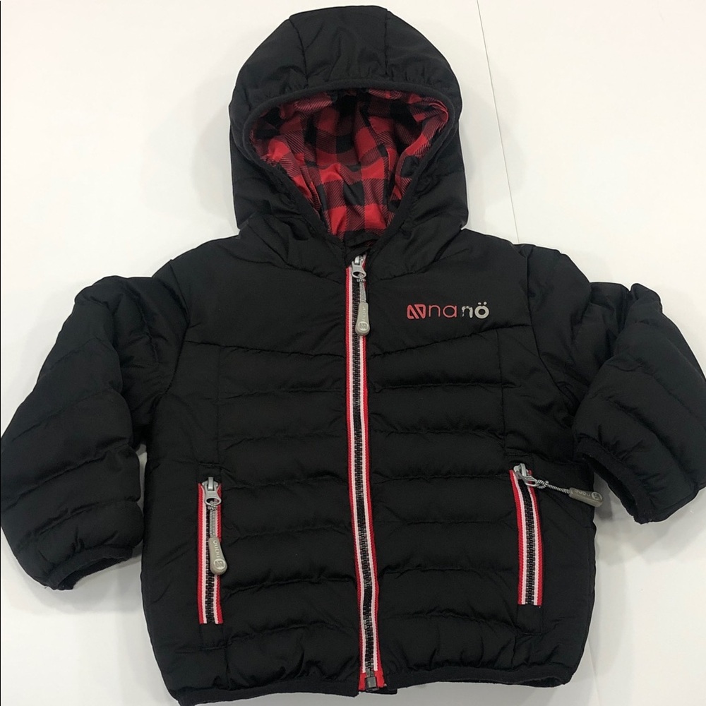 Nanö Infant Puffer Jacket – Black w/ Buffalo Plaid Hood – 18 Months